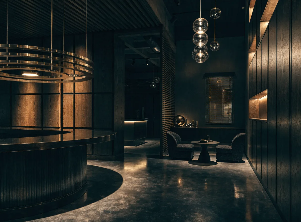 Hotel lobby with marble and warm light